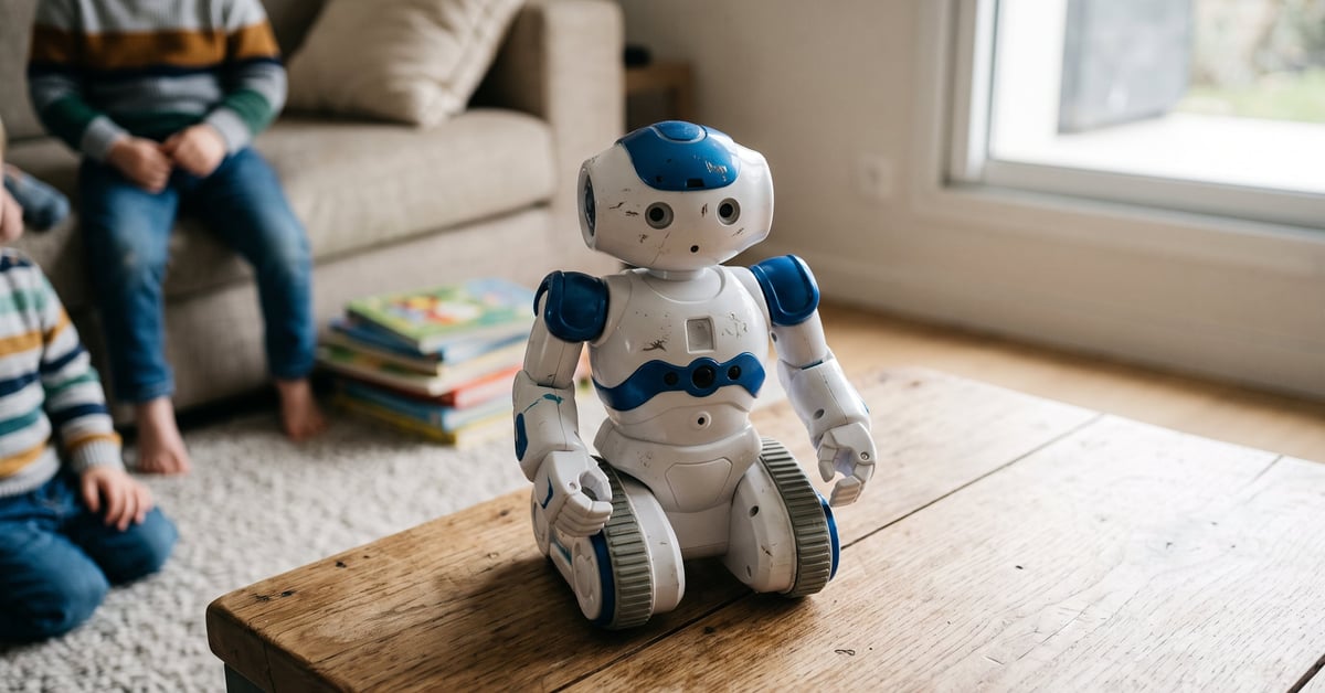 Jouet robot intelligent pour enfant posé sur une surface moderne dans un environnement épuré