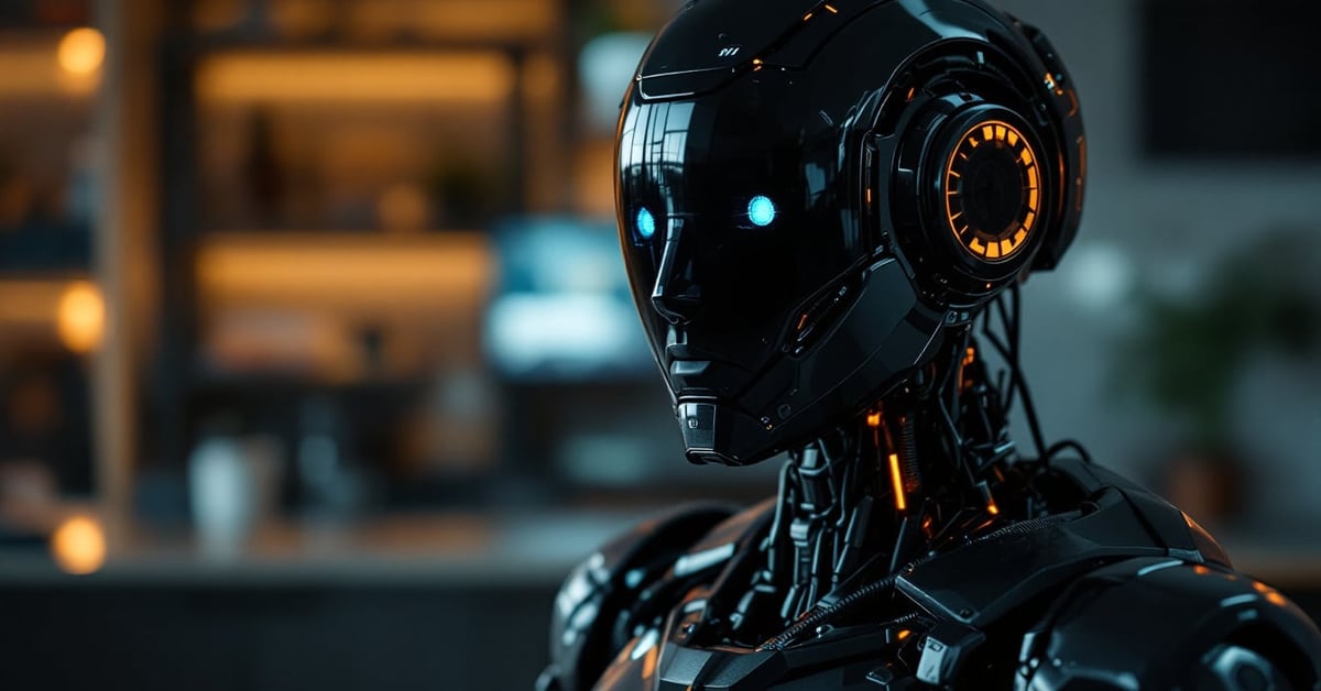 Robot de compagnie intelligent posé dans un intérieur moderne, design épuré et technologie avancée