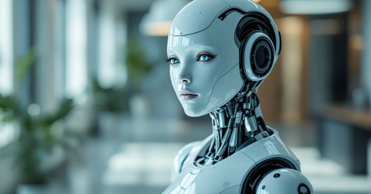 Robot humanoïde femme au visage réaliste, peau synthétique et expression neutre, dans un environnement moderne