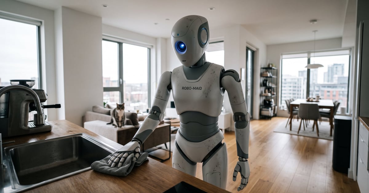 Robot humanoïde ménager debout dans un intérieur moderne, conçu pour effectuer des tâches domestiques