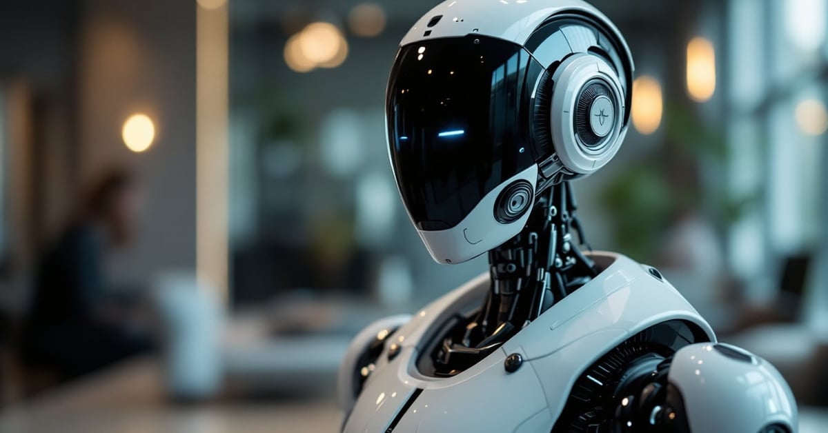 Robot humanoïde russe en position debout dans un environnement moderne, vue panoramique