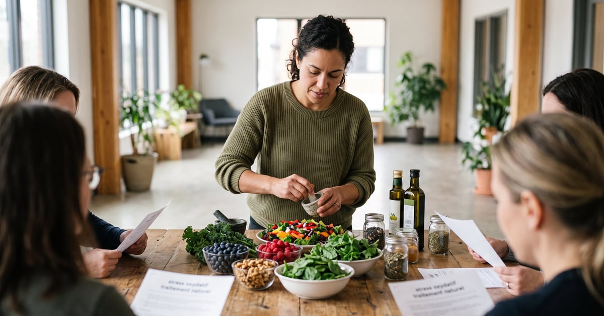 Traitement naturel du stress oxydatif : fruits, légumes et plantes antioxydants disposés sur fond clair