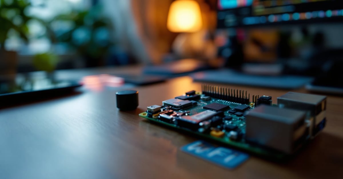 Raspberry Pi connecté en Wi-Fi posé sur un bureau moderne — raspberry pi wifi configuration
