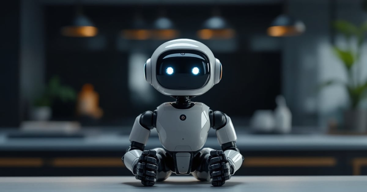 Mini robot intelligent posé sur une surface moderne, idéal pour la maison ou l'apprentissage