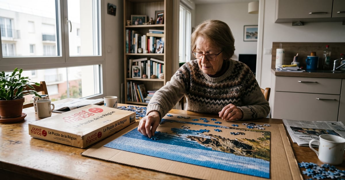 Puzzle Ouest-France posé sur une table, pièces colorées assemblées représentant un paysage régional